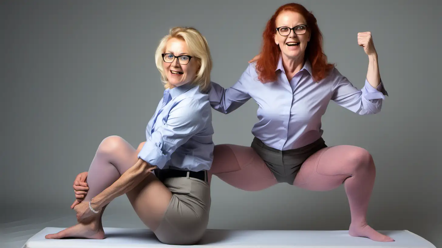 Blonde haired woman, glasses, wearing a mauve button down shirt, no skirt, no pants, no shoes.  Gray Pantyhose, performing squats exercises. She is joined by a mature Red Haired Woman, wearing a white button down shirt, no skirt, no pants, no shoes, blue pantyhose.  After a few knee bends, the blonde pins the redhead to a bed, arms high, mercilessly tickling her underarms.