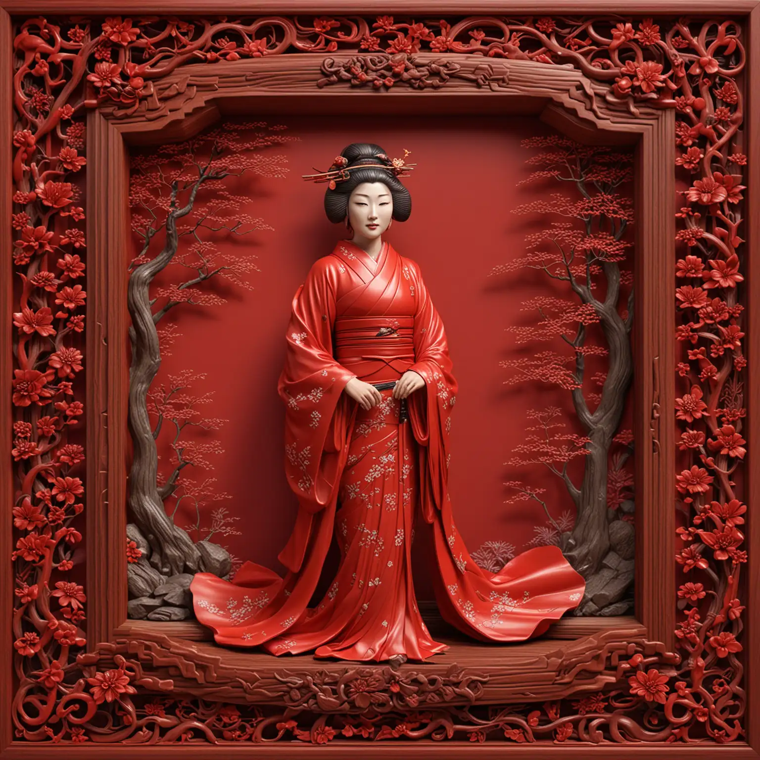 Japanese-Geisha-Carved-Wood-Frame-on-Seamless-Red-Lacquered-Background