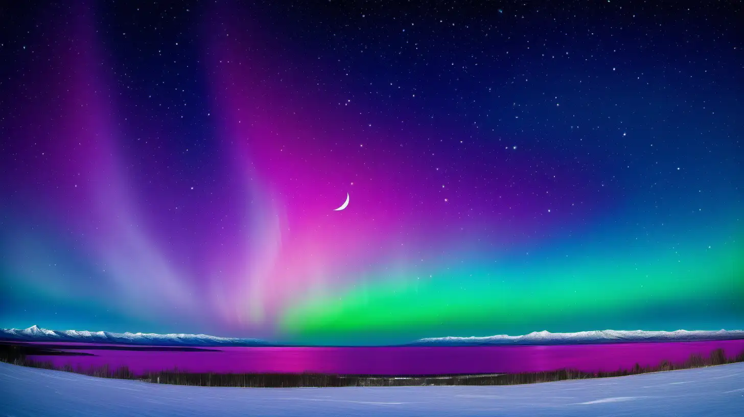 
aurora skies, flat horizon, with a small sized full moon at the top, with a lot of stars in the sky, colorful aqua blues, purples, greens, yellows and fuchsia with a flat horizon, no ground, no mountains, no snow, no trees, no trees, no mountains, no earth, only sky