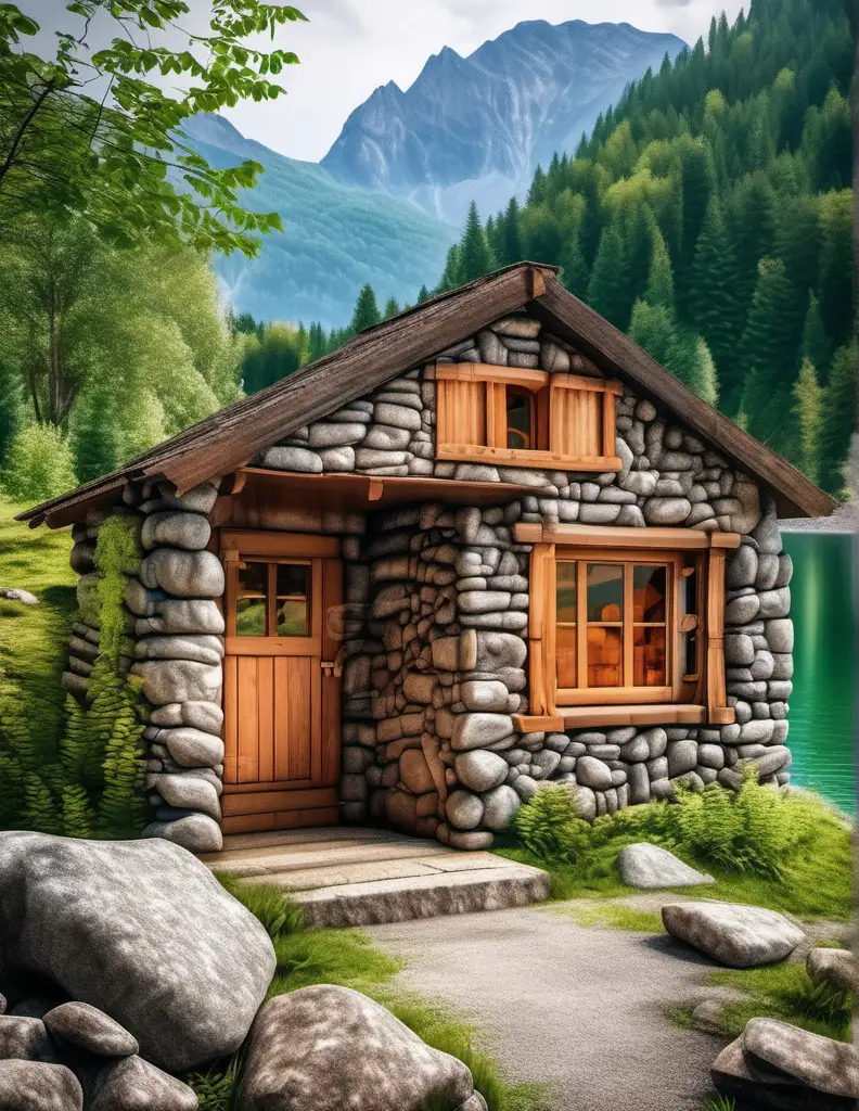 a stone cabin in beautiful nature, lake behind, mountains,  green forest, super realistic, super detailed, super vivid, photography style, best quality photograph, 8k. 