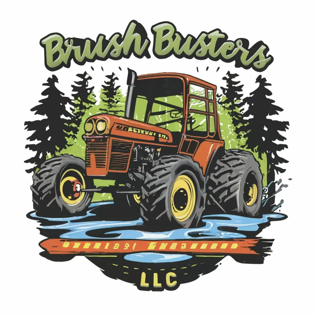 "logo, manly hotrod tractor doing a wheely out of the woods with a background of a swamp,"brush busters LLC"