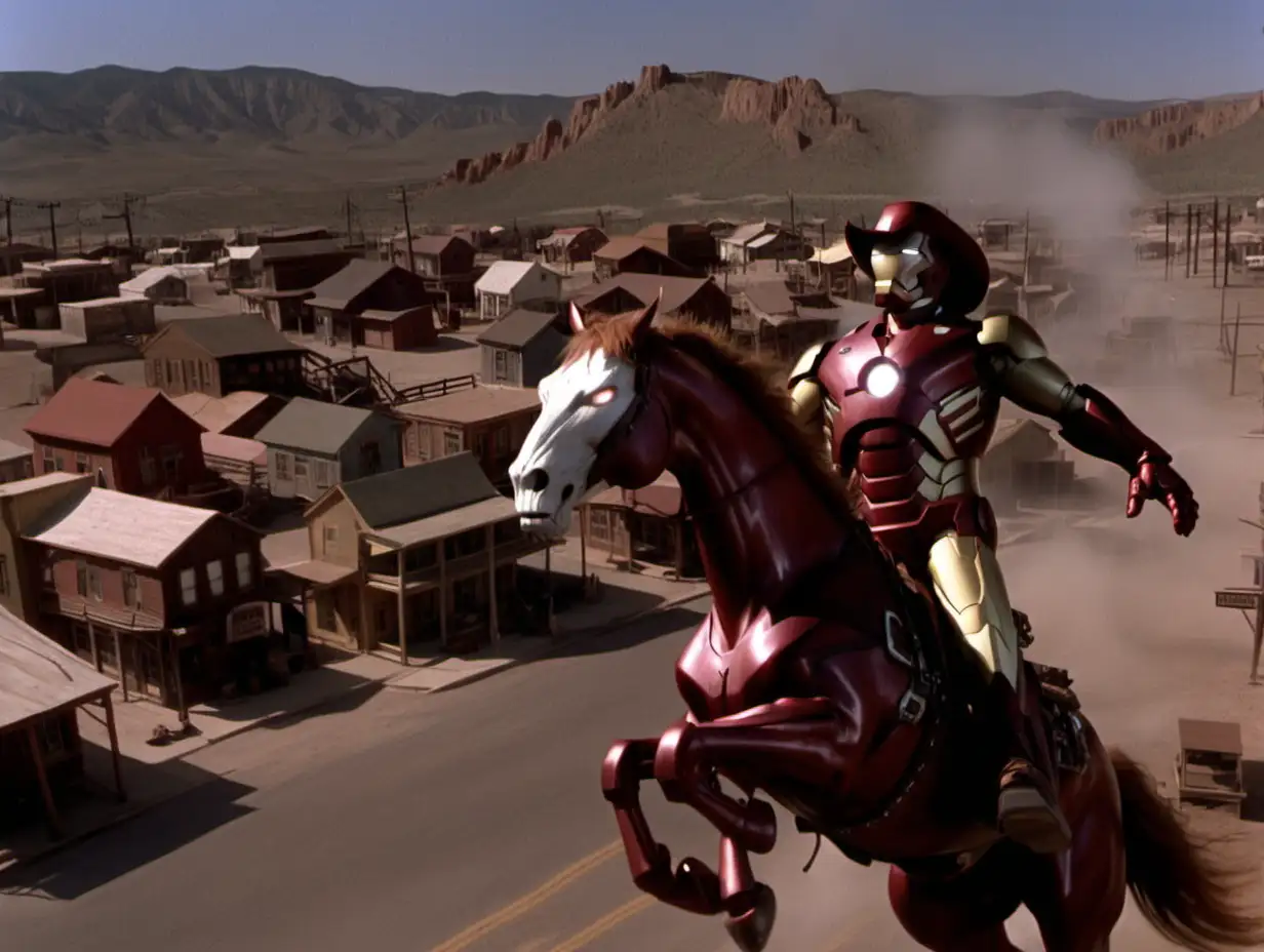 1996 western movie screen grab of iron man as a cowboy flying over a ghost town