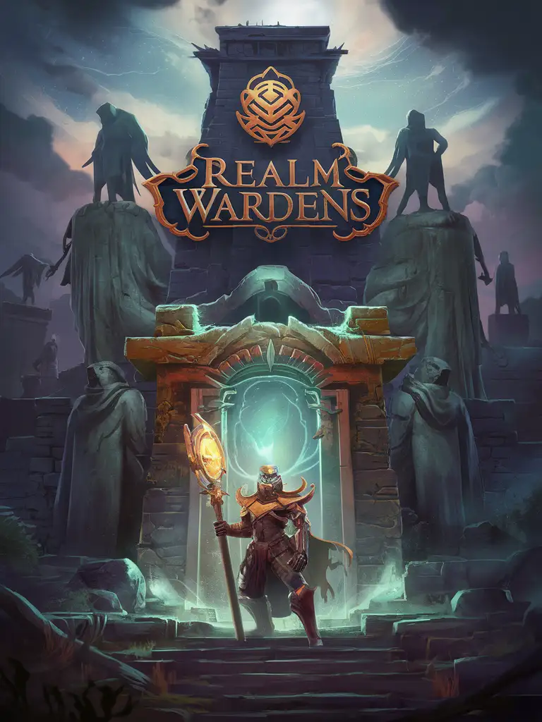 STYLIZED GAME ART WITH LOGO ONLY "REALM WARDENS" LOOMING STATUES ANCIENT RUINS TOWER PORTAL, SENTINEL WARDEN