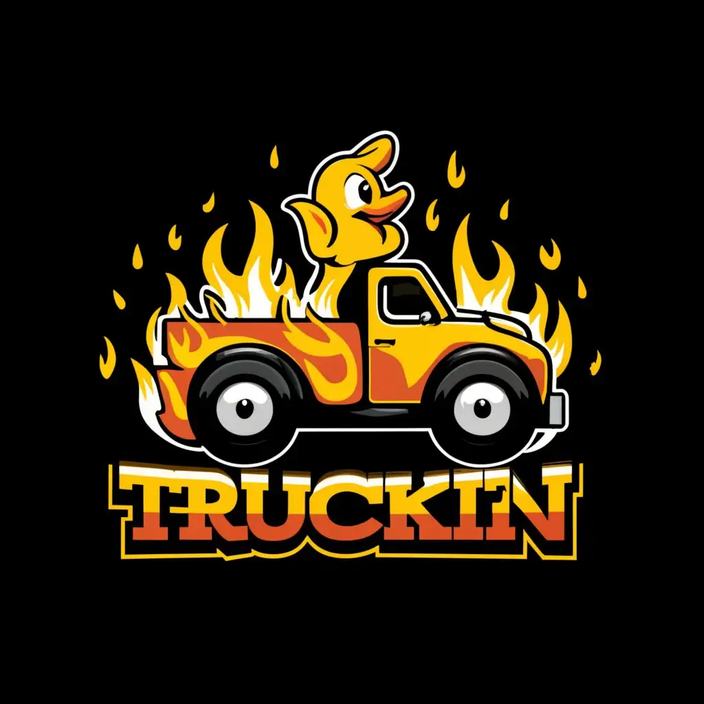 a logo design,with the text "Truckin", main symbol:A rubber ducky riding in a truck blazing,complex,be used in Entertainment industry,clear background