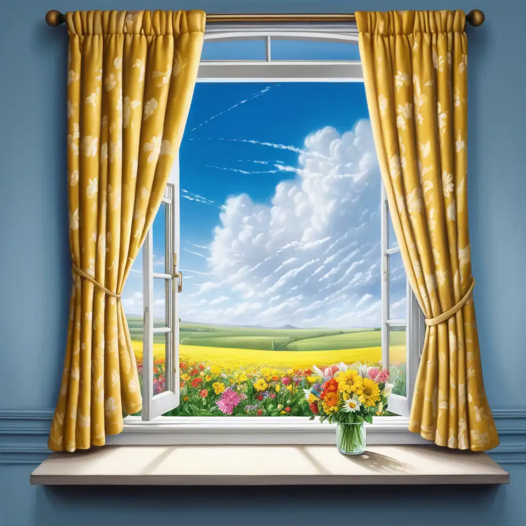 画一扇窗户，窗边是黄色碎花窗帘，窗帘被风吹起，窗外五颜六色的花朵涌进窗子，远处是蓝天白云

