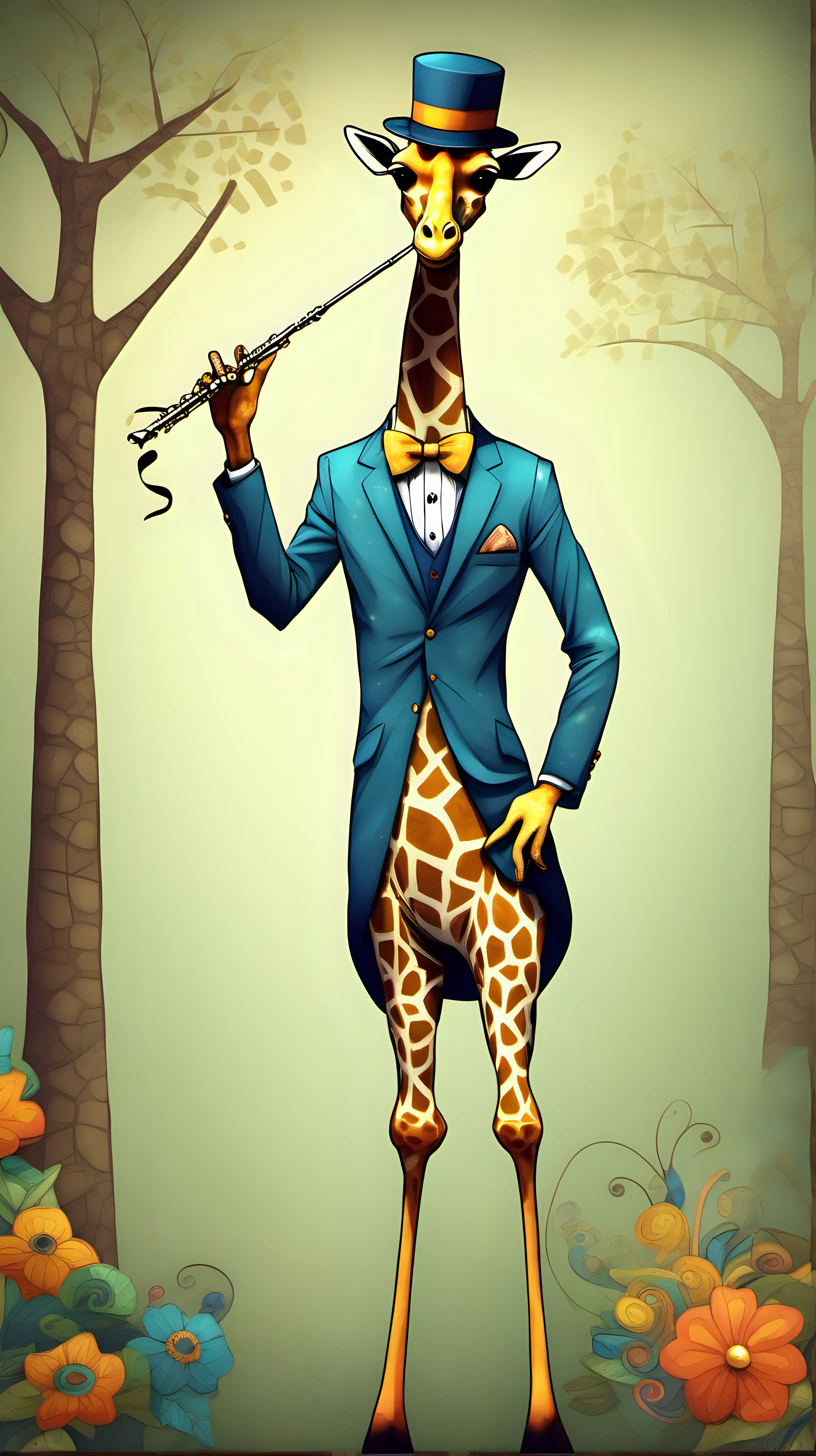 A tall, slender giraffe wearing a dapper suit, complete with a bow tie and a jaunty hat. It should have a gentle, friendly face, and be depicted playing a flute or dancing joyfully. The suit can be colorful, adding to the whimsical nature of Dreamland.