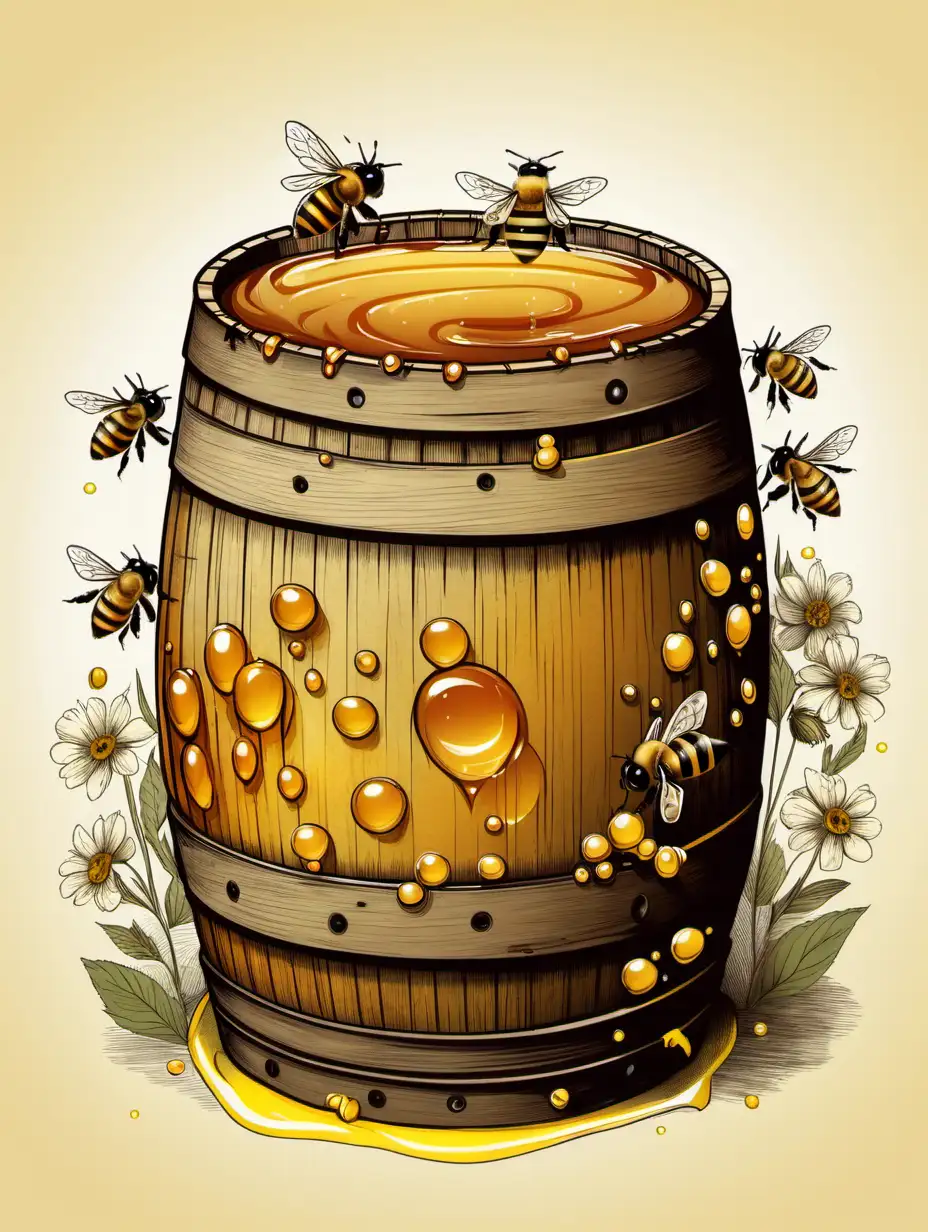 Busy Bees Gathering Around a Barrel of Honey Vibrant Illustration