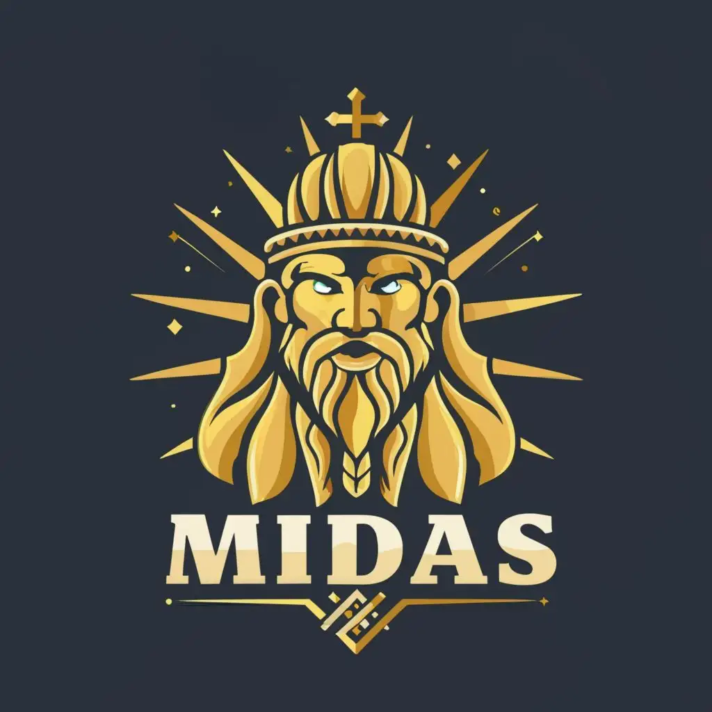 logo, King man gold diamonds treasure 
WITH treasure with gold with diamonds with spire with chest with gold treasure
, with the text "MIDAS", typography, be used in Religious industry
