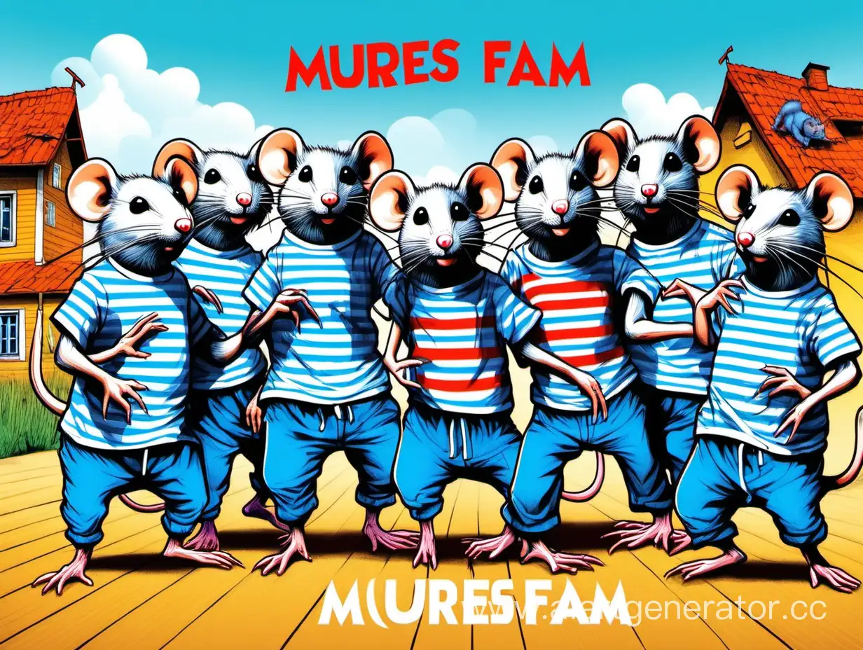 десять животных  крыс танцуют хип-хоп в  футболках в бело-синюю горизонтальную полоску, на фоне русской деревни, сверху написана фраза "Mures Fam"
