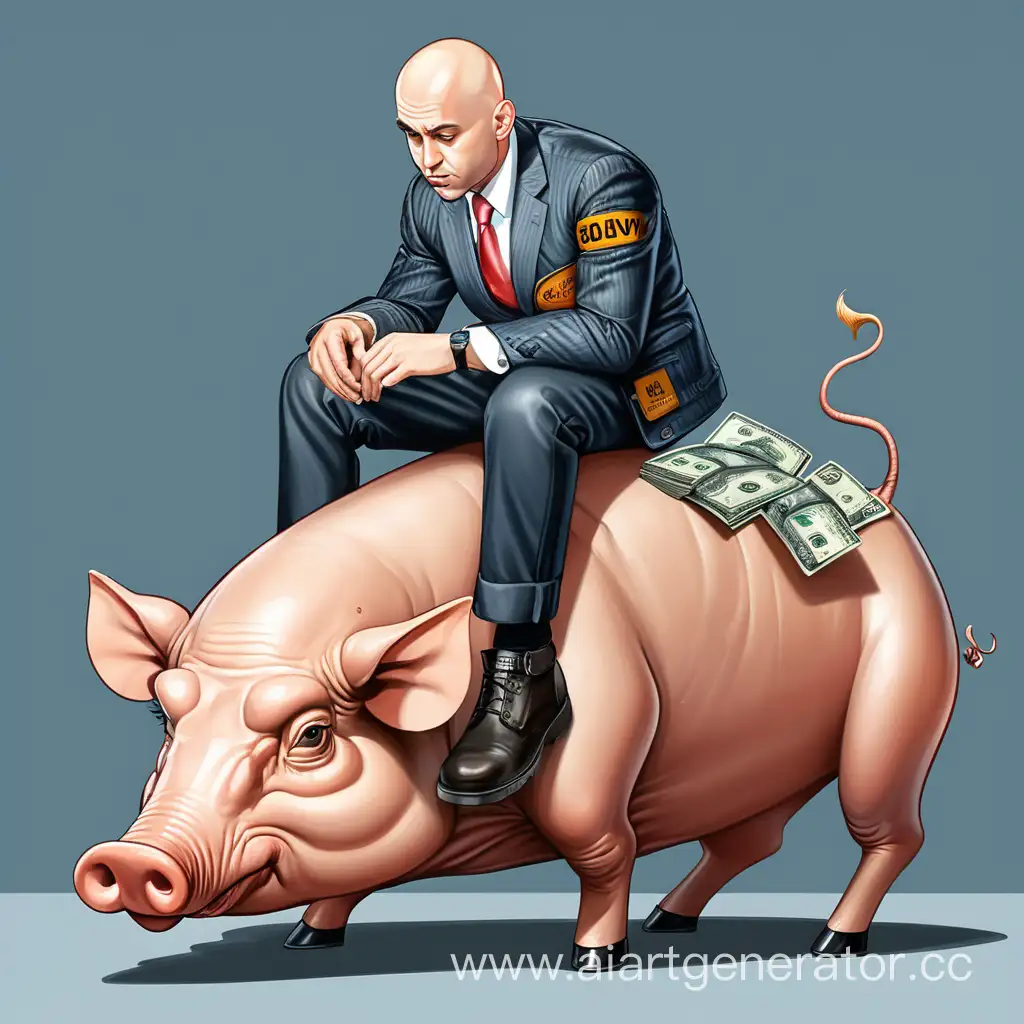 A weak man Bald is sitting on a huge hog wearing a jacket with the inscription GlavBorov and dollar On the floor Behind dubai