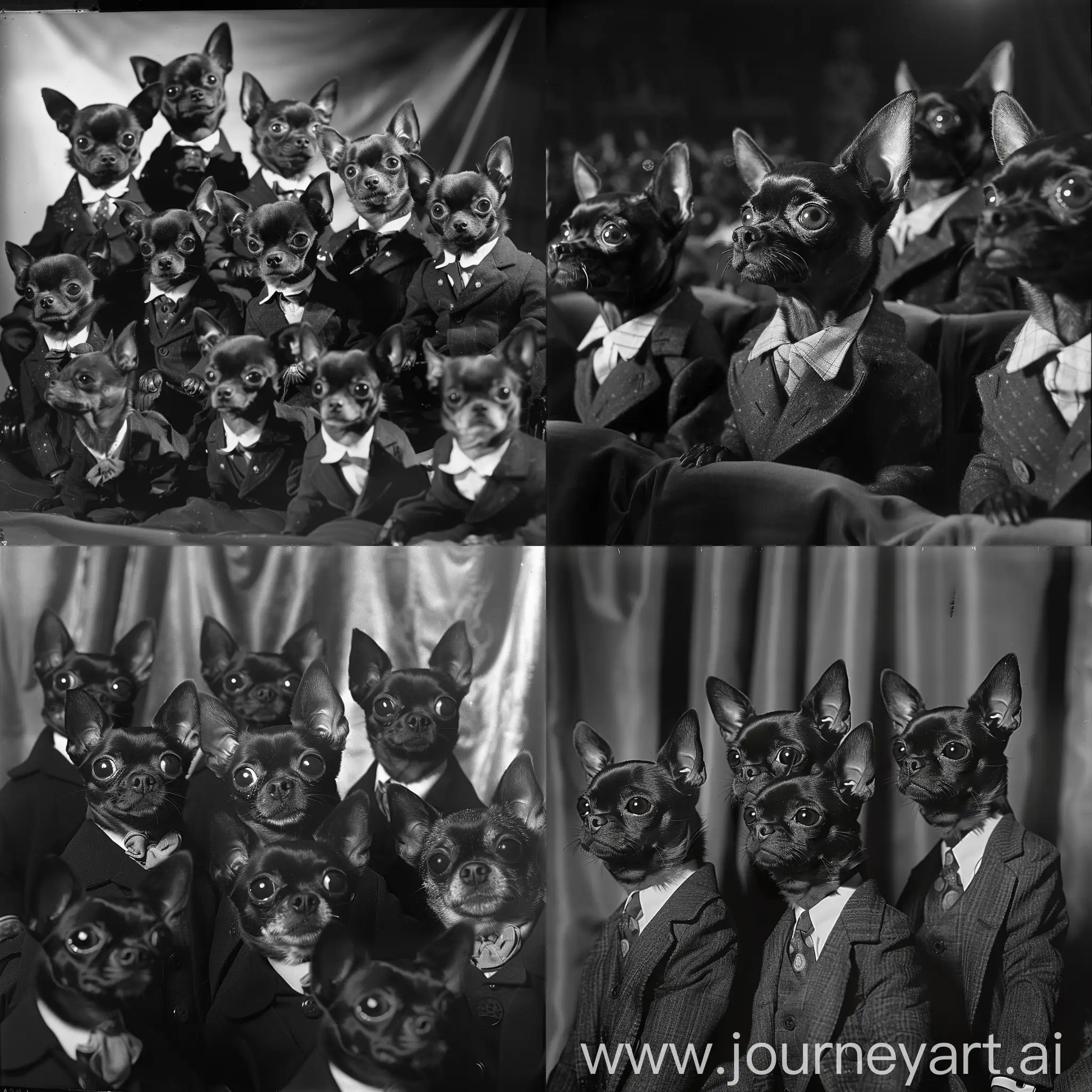 If Dion and the Belmonts existed on a planet of black Chihuahuas and they were dressed in suits and captured on black and white photo during a performance