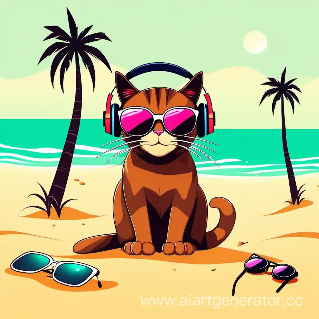 Minimalist-Brown-Cat-Relaxing-on-Beach-with-Sunglasses-and-Headphones