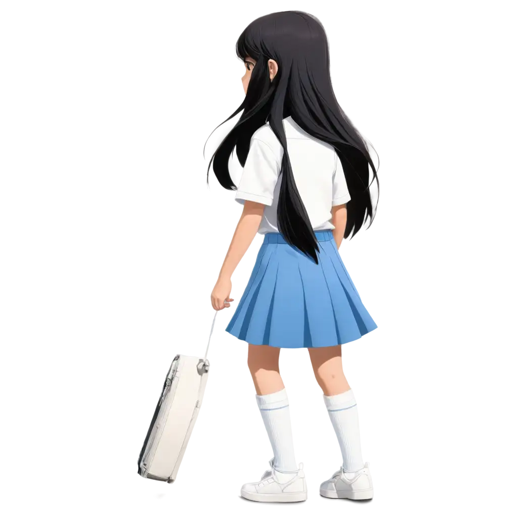 Cartoon character realistic style of a 12 years old girl. She has white skin, long black hair, big light brown eyes. how her back  not her face. She is wearing a white button up shirt shot sleeve top, a blue skirt and white shoes and tall white socks.  She is walking away. 