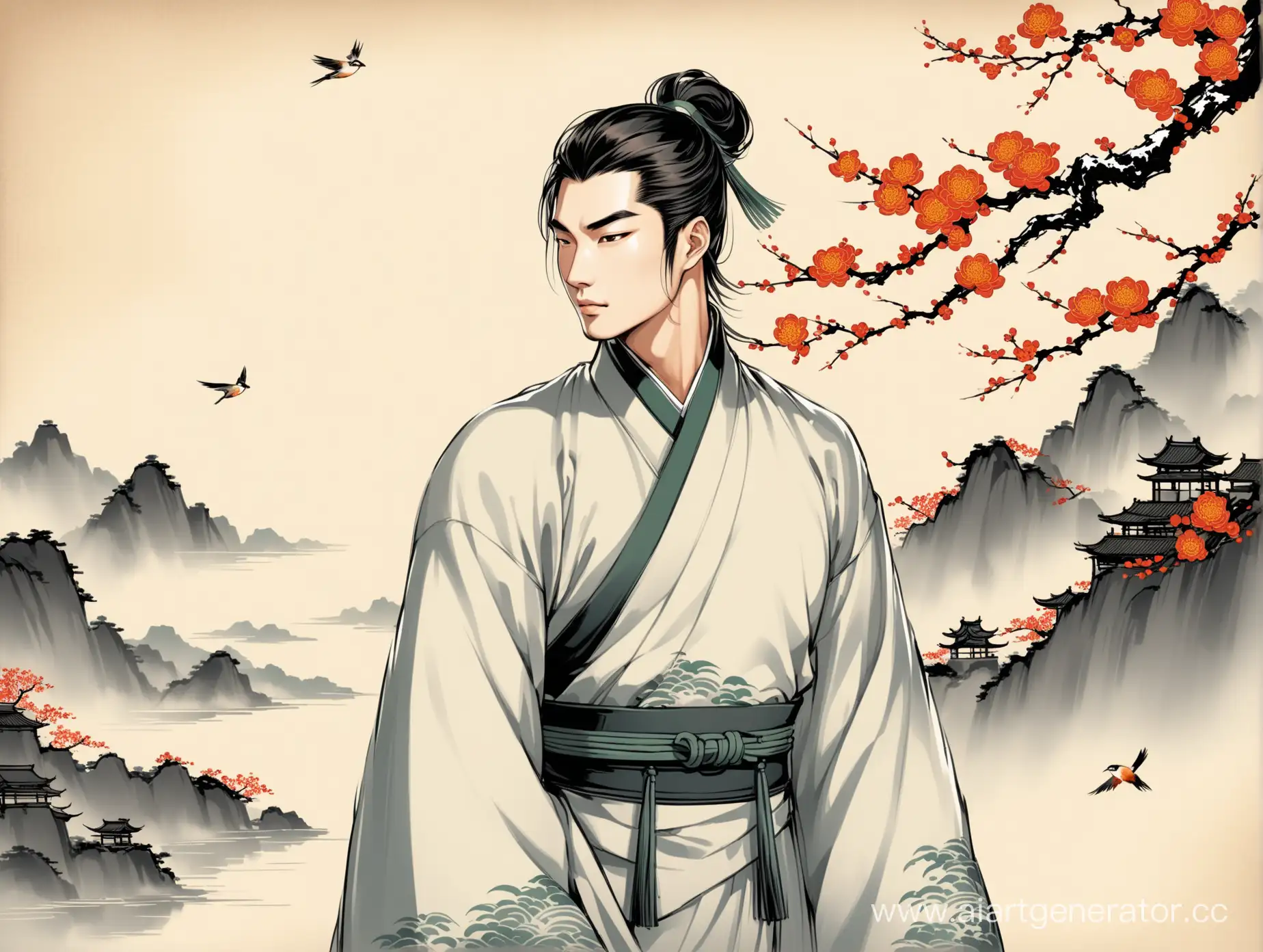Красивый мужчина-азиат в стиле китайской живописи