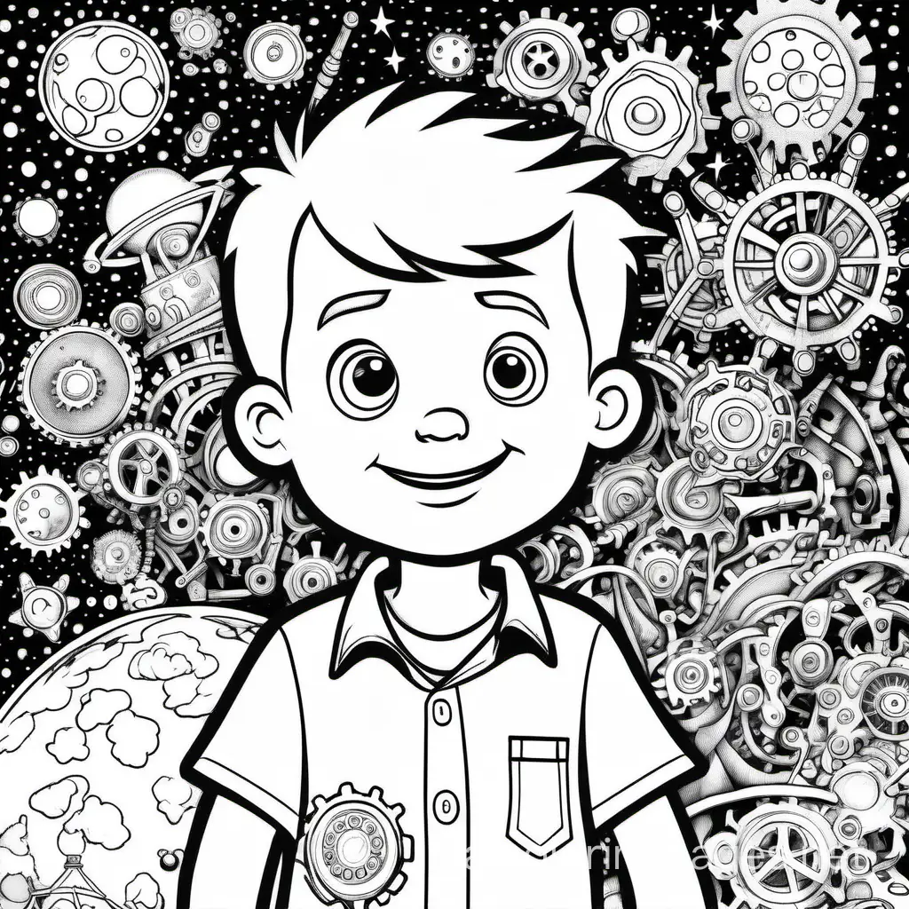 a curious boy, his pockets forever stuffed with gears and cogs, his head a spinning nebula of fantastical contraptions, Coloring Page, black and white, line art, white background, Simplicity, Ample White Space. The background of the coloring page is plain white to make it easy for young children to color within the lines. The outlines of all the subjects are easy to distinguish, making it simple for kids to color without too much difficulty