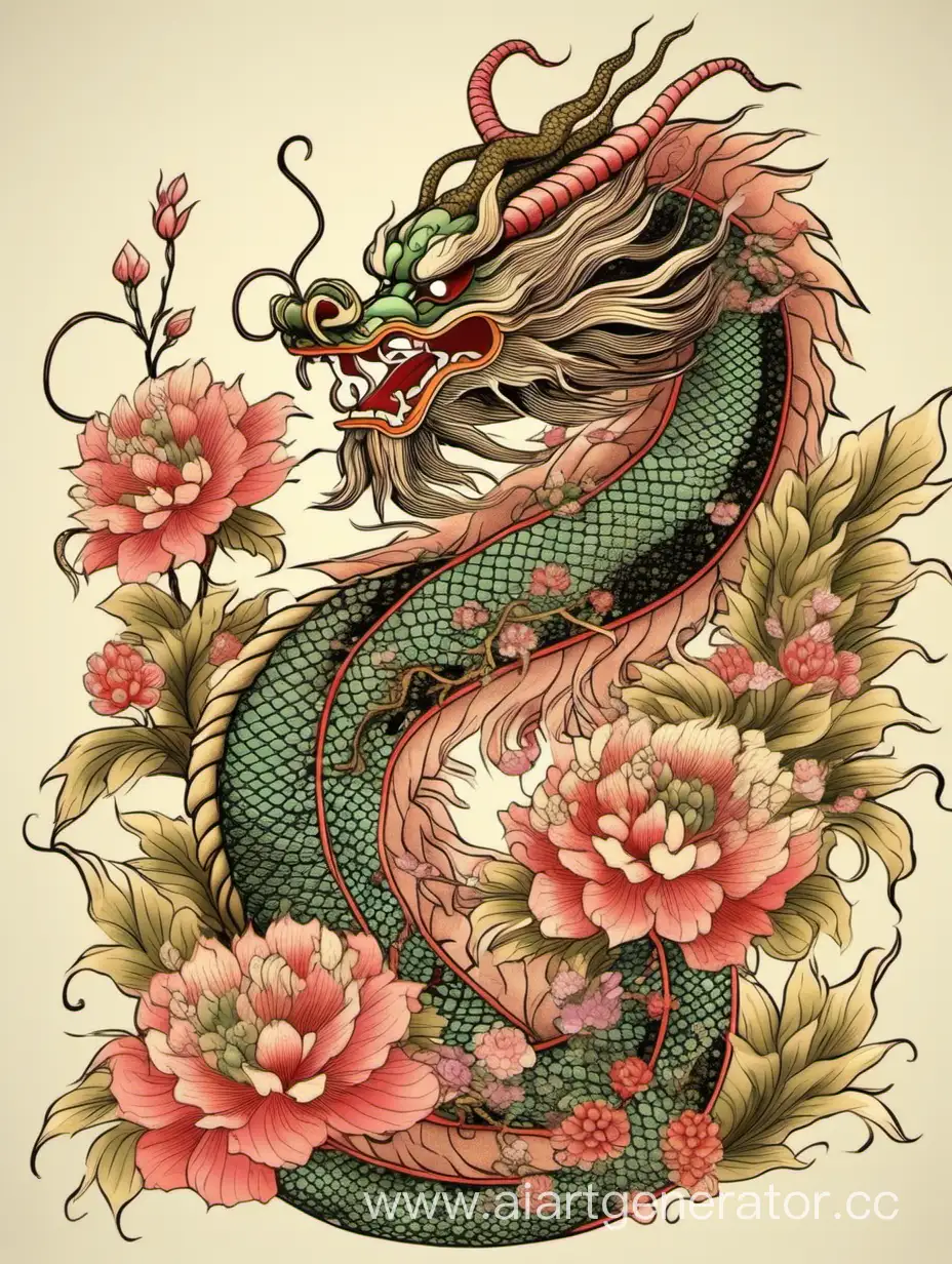 длинный китайский дракон с азиатскими цветами
