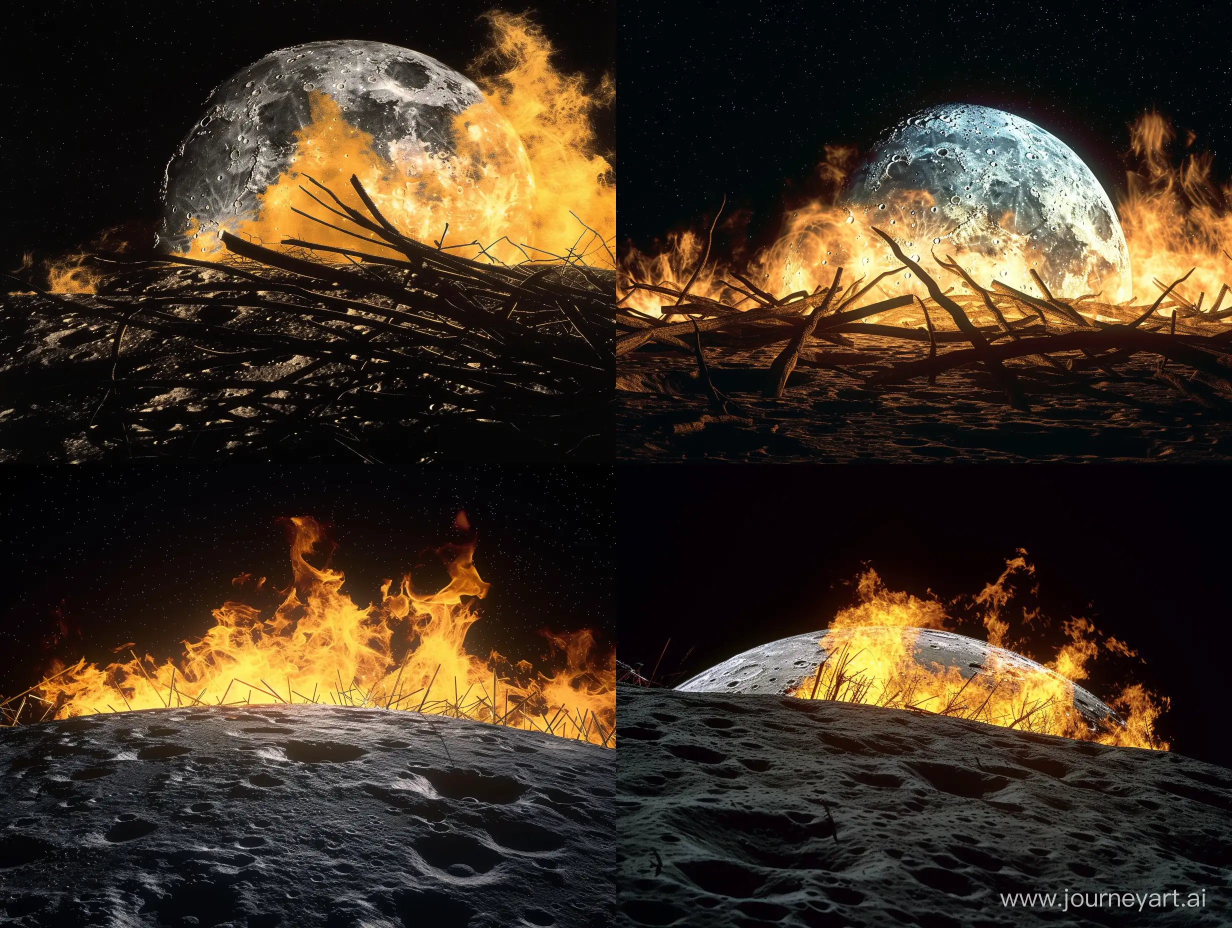 https://upload.wikimedia.org/wikipedia/commons/3/36/Large_bonfire.jpg, create an image like this, but on the moon and zoomed out —stylize 250