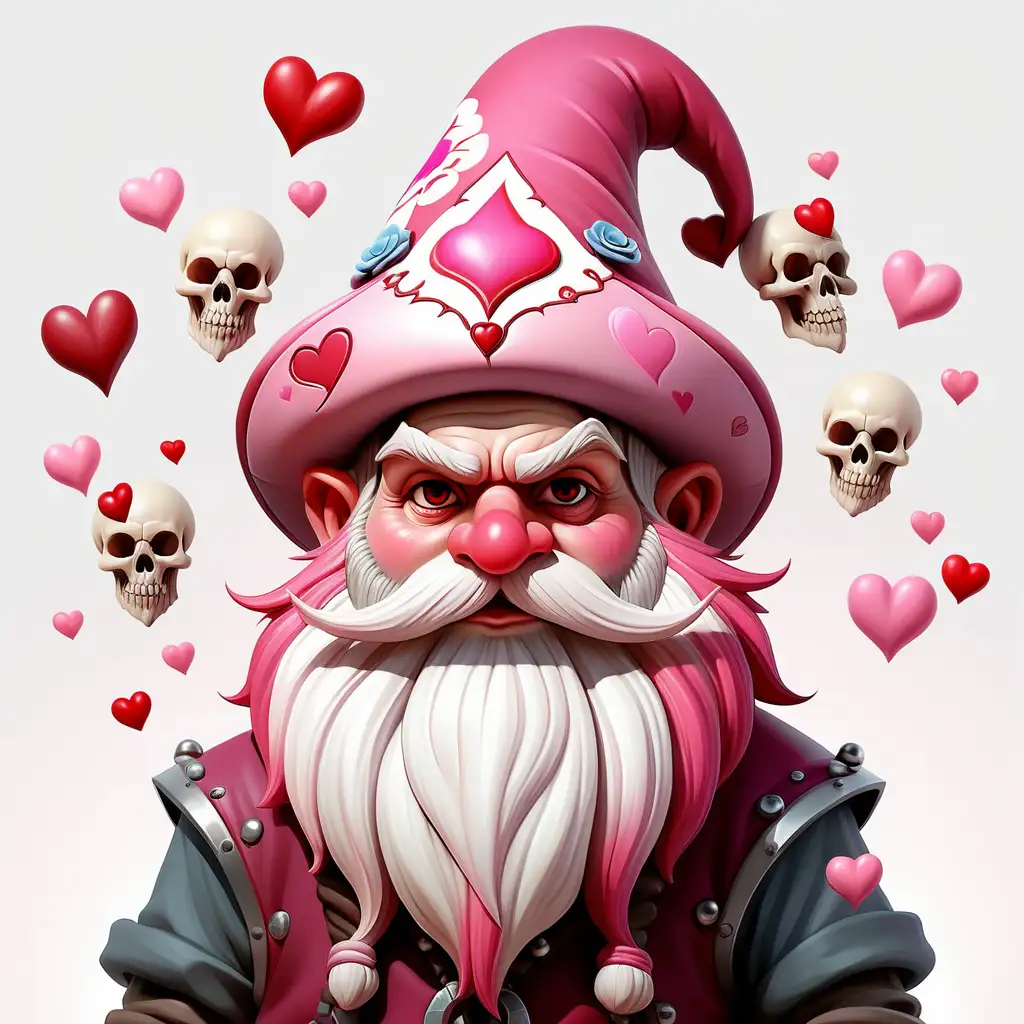 colorful pink red and white, fantasy, full body gnome, long beard, oversized ,Decorated hat skulls, valentine themed, cartoon style, white background,