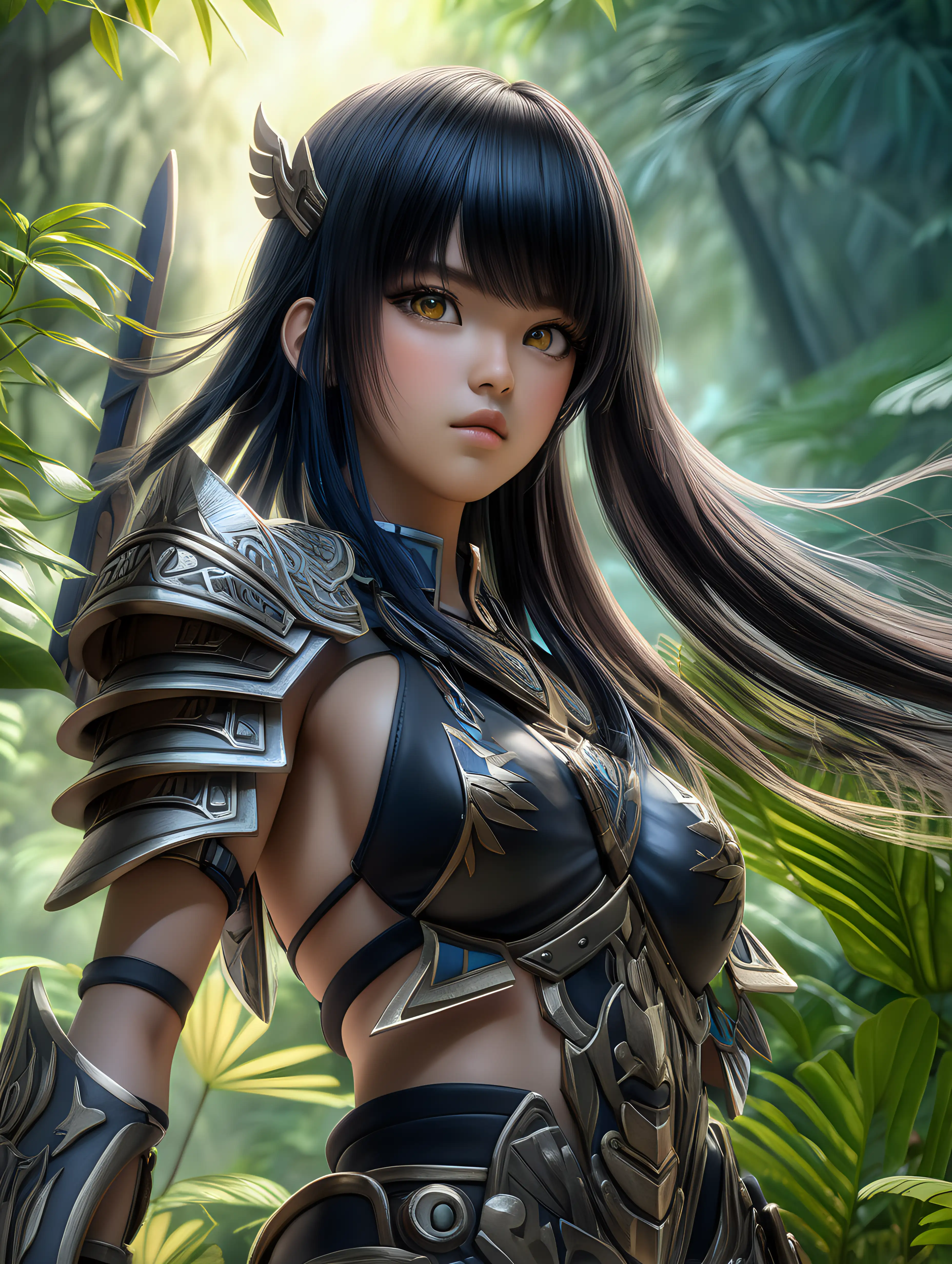 (cinematic lighting), An anime beautiful girl warrior immersed in the lush and mysterious landscapes of a Vietnam jungle. Envision her clad in practical yet elegant black warrior attire, Her eyes reflect a mix of determination and vigilance, showcasing her readiness for any challenge that may arise in the dense foliage.

Surrounded by vibrant flora and towering trees creating a visually captivating scene that melds nature's beauty with the fierce spirit of the anime girl warrior, angle from below, intricate details, detailed face, detailed eyes, hyper realistic photography,--v 5, unreal engine,