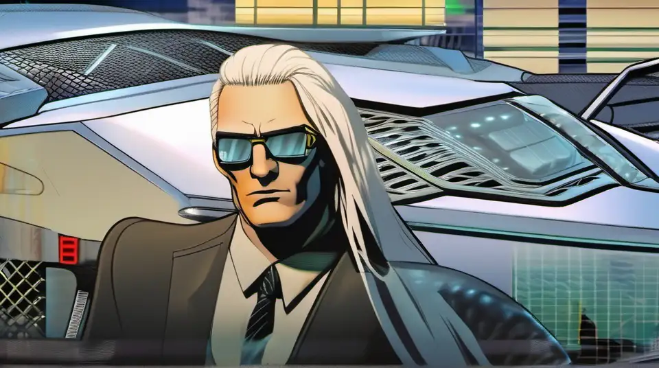 Futuristic White Male Detective in Dystopian Setting with FBI Car