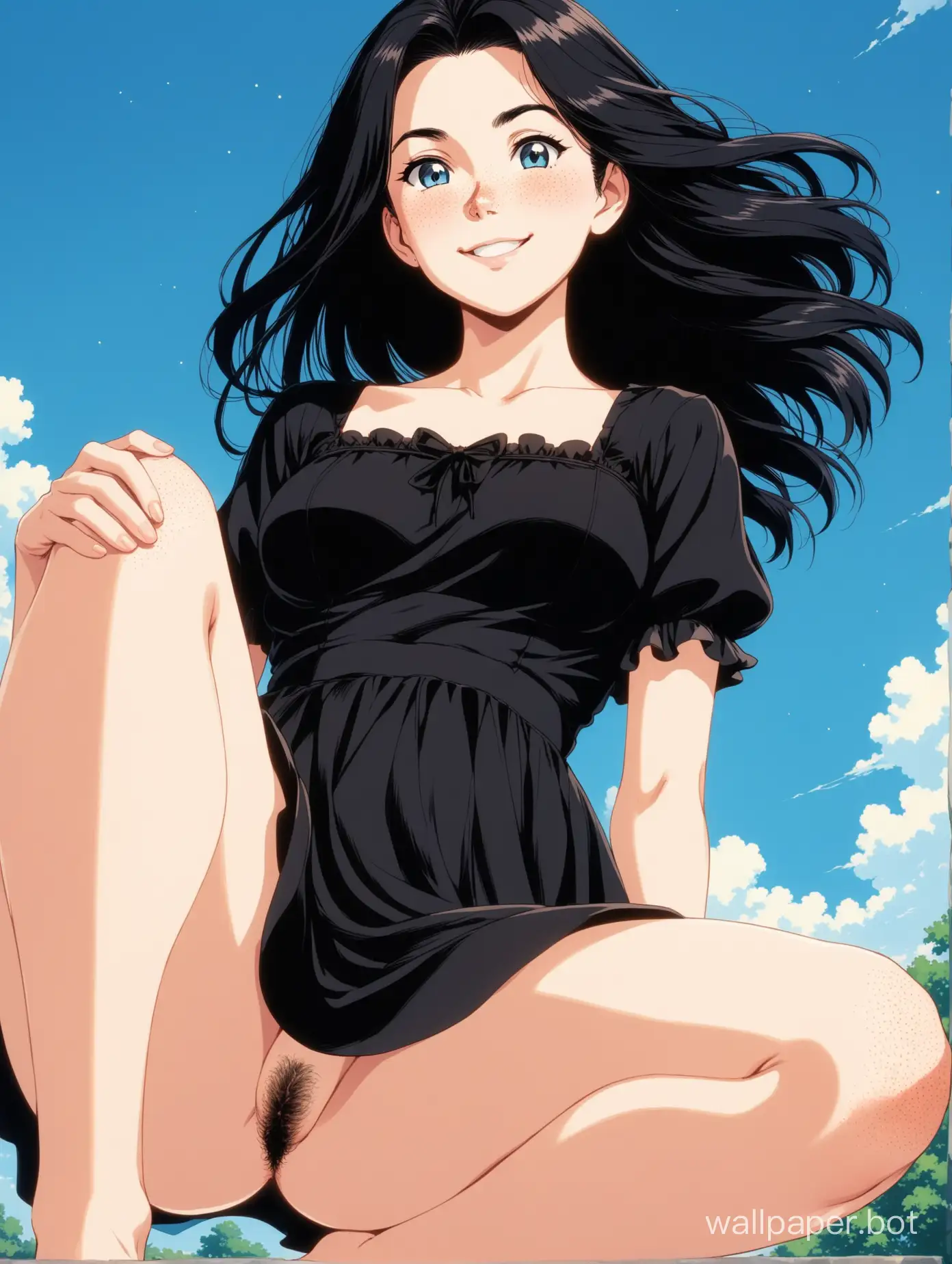 view from below, upskirt, american countryside background, a beautiful 18 year old white woman, mature face, goth girl, she is pretty, she has blue eyes, she has pale skin, she has lots of freckles, she has long jet-black hair that is wavy and parted in the middle, black sundress, big pale thighs, naked underneath, fluffy black pubic hair,  skinny, smiling, beaming, mature face, perfect, sense of wonder, retro 1980s anime