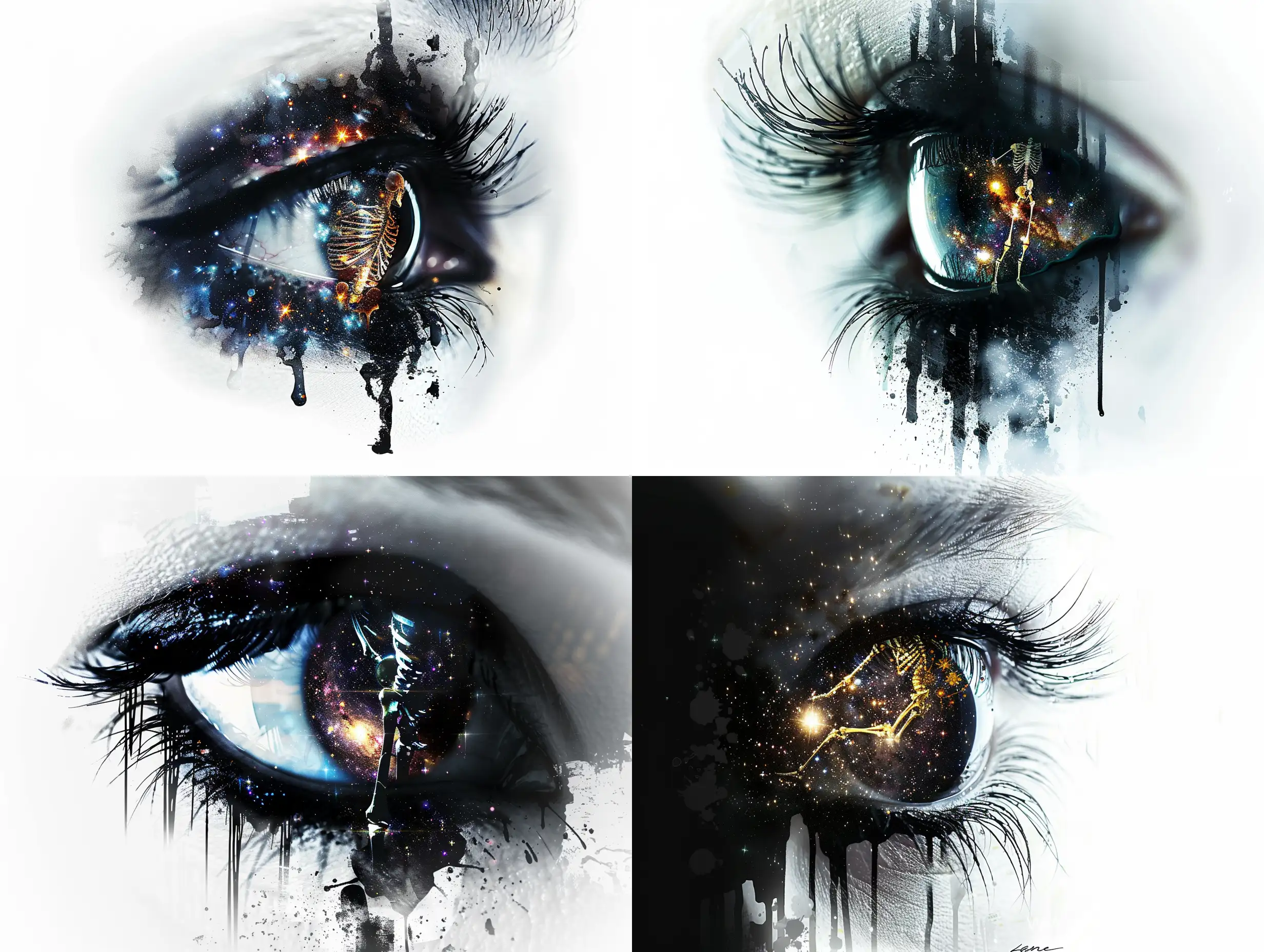 Double exposure illustration photography, dual exposure, high quality, [magical glowing skeleton made of stars in a galaxy] inside the silhouette of [pupil of eye], [white/black] backdrop, splash art, paint drips, mixed media, textured visible brush strokes, 16K, professional art, fantasy, (Carne Griffiths) 
