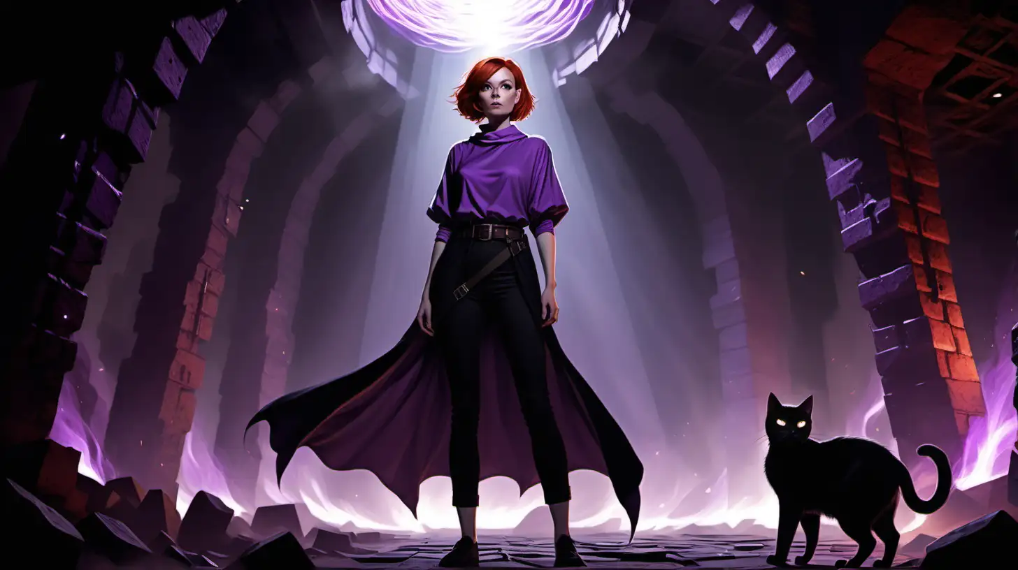 a woman with short red hair in black pants and a light purple tunic. She has a belt around her waist. there is the shadow of one large black cat next to her with wide white glowing eyes.  She is standing in a large cavernous dungeon surrounded by glowing purple lights with embers floating around her. there is darkness and shadows everywhere