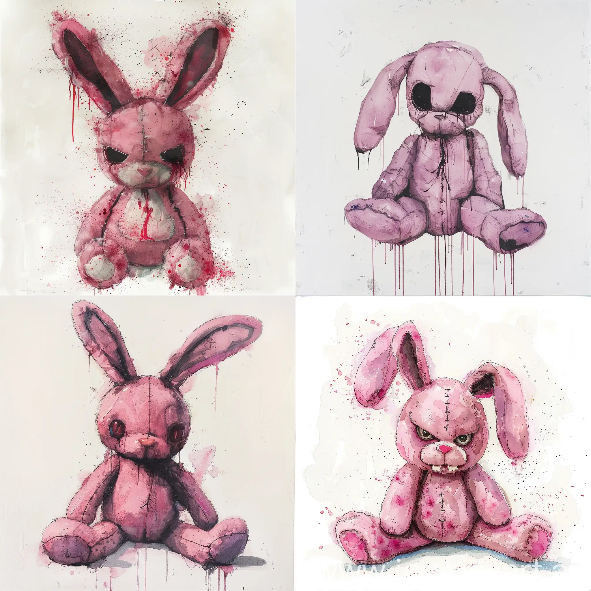 A postmodern water painting of an evil pink bunny plush doll on white background