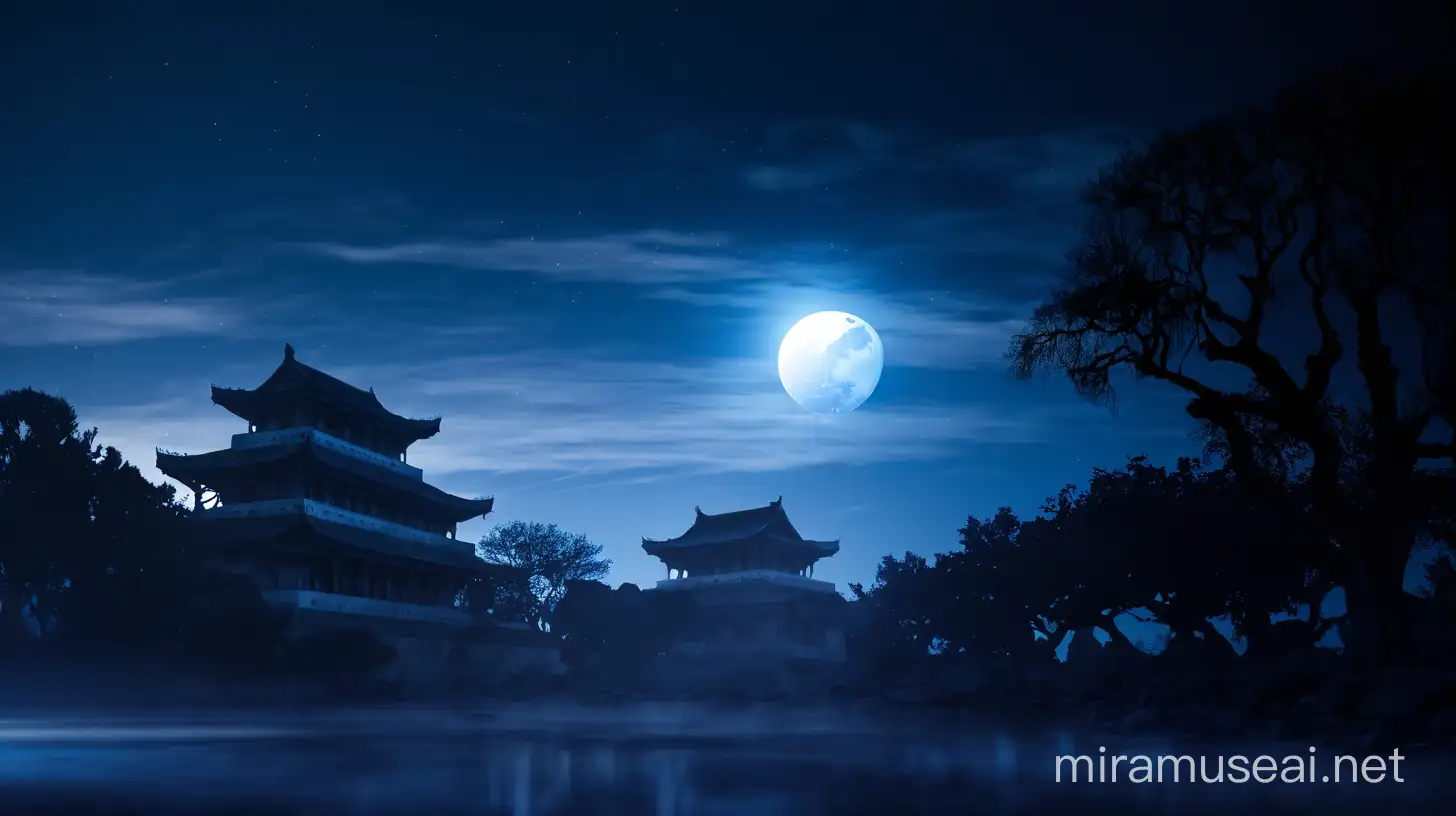 Ancient Ruins Illuminated by Moonlight in Blue Night