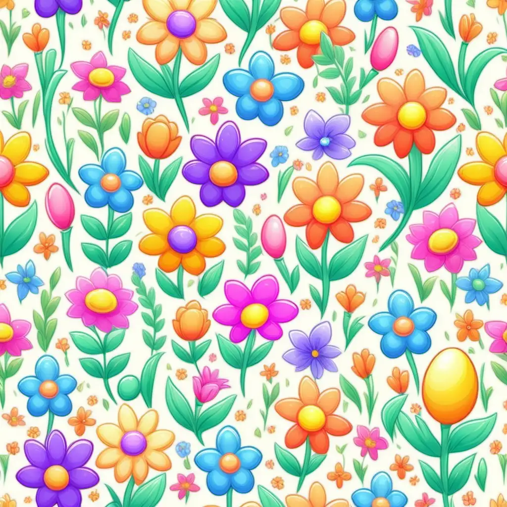 cartoon, spring flowers, easter,soft background, seamless colorful pattern, 
repeating textures,  vibrant hues --tile --theme, clipart,
bright pastel, white background,