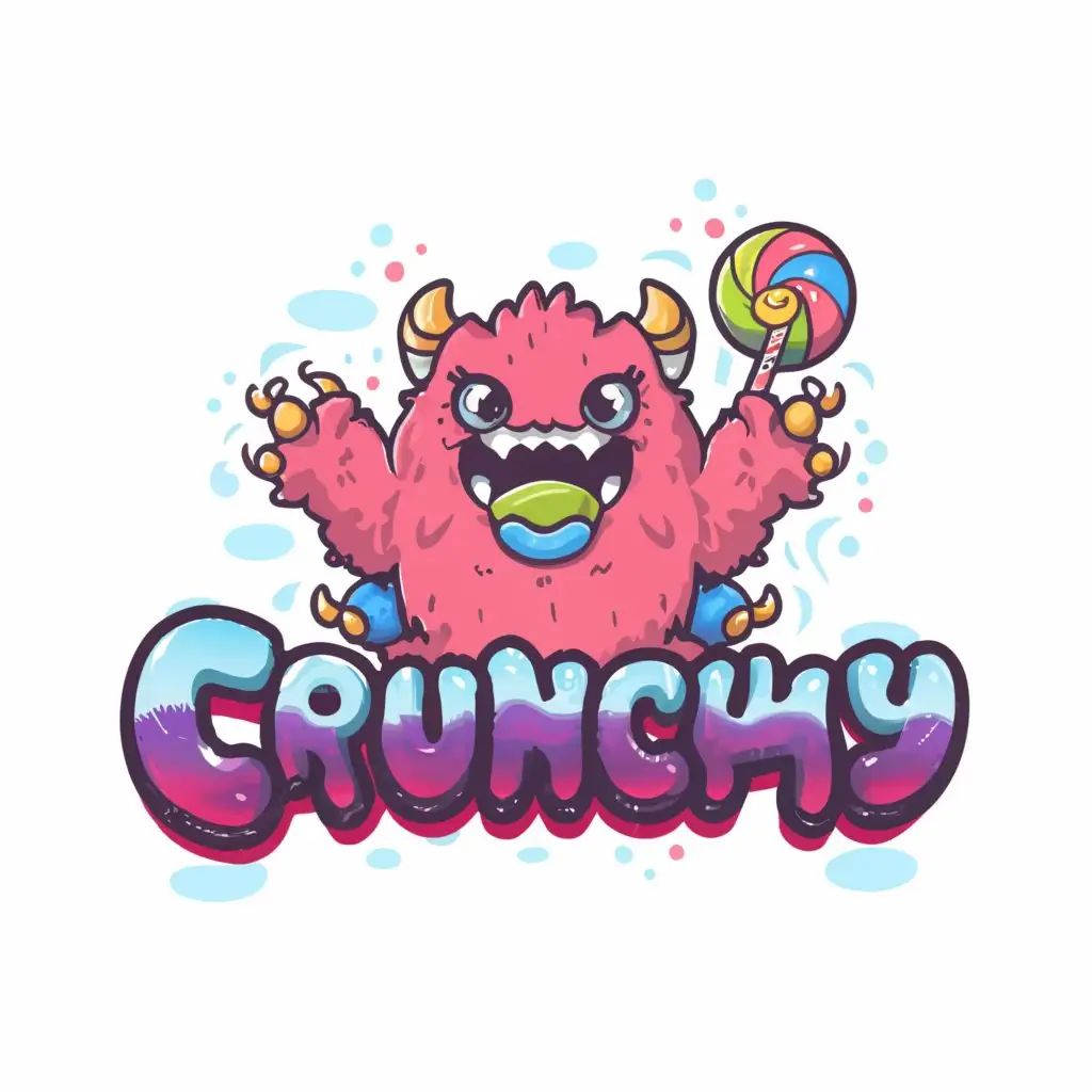 a logo design,with the text "crunchy noms", main symbol:cute fluffy monster, candy monster, candy,complex,clear background