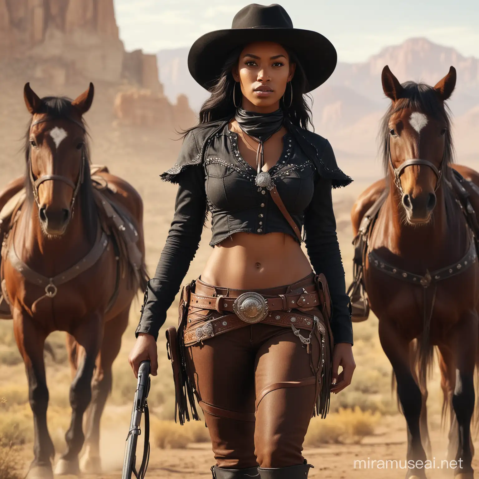 A beautiful black cowgirl leading two horses, in a cowboy art style, a full body portrait, with detailed face features, wearing a leather belt with gun holsters, and a wide brimmed hat on her head, set against a wild west background with warm tones, and highly detailed. uhd image, natural beauty realistic shot.hyper hd detailed.4k. --s 1000 --v 6.0