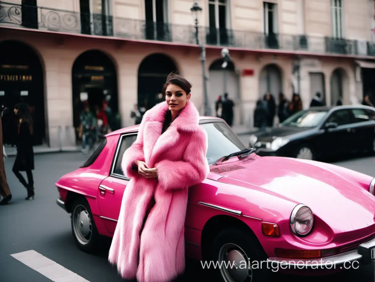 a french gurl in pink fur coat gets into a pink car in paris