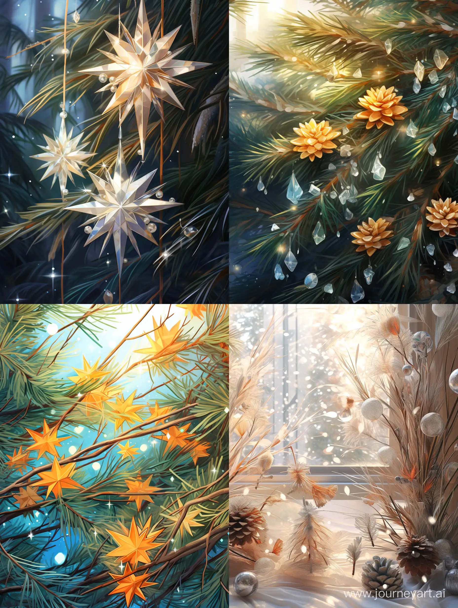 Enchanting-Winter-Morning-Sunlit-Pine-Branches-with-Crystal-Stars-and-Snowflakes