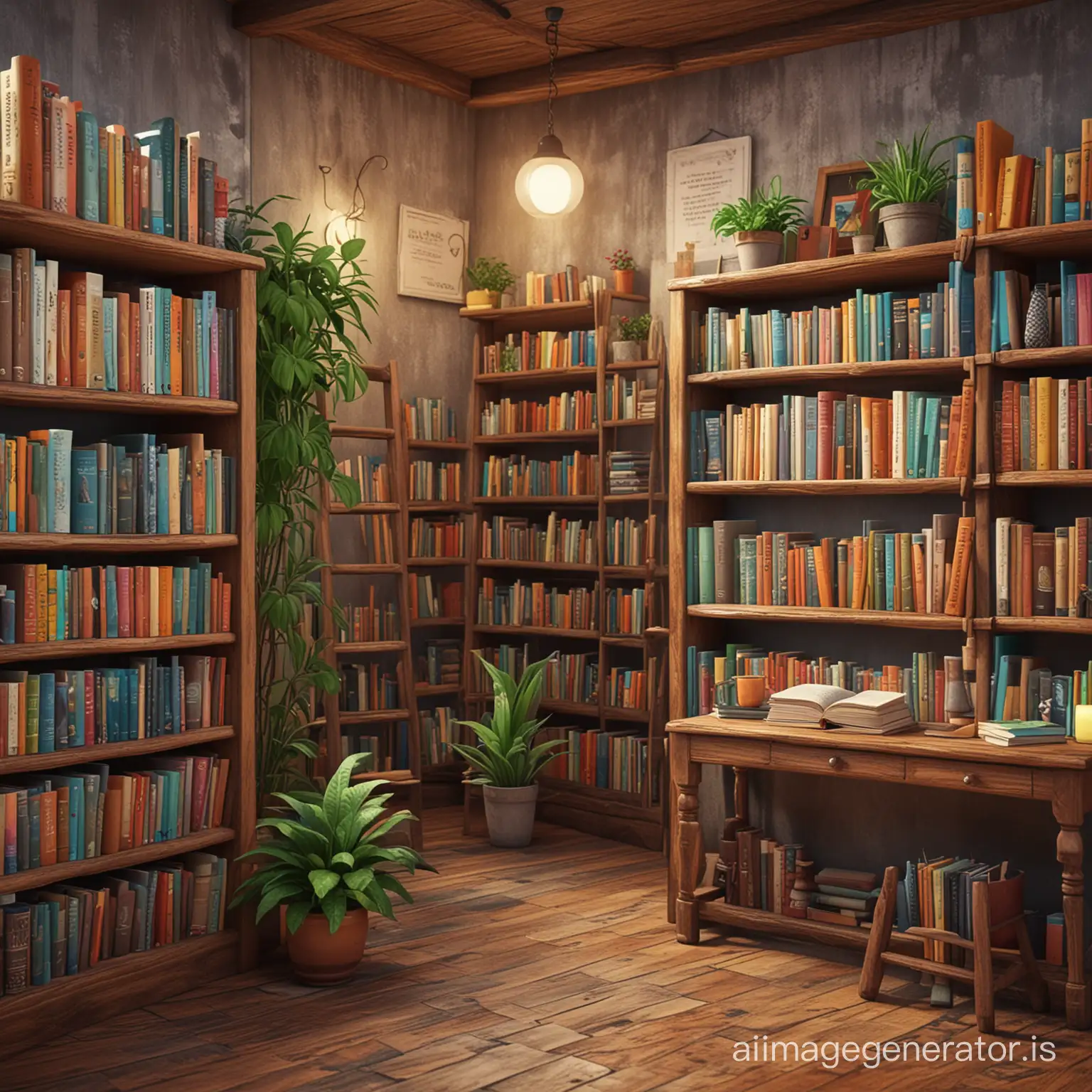 inside old book shop, with colourful books on shelf, a few plants, tables with books, cartoon, 3d, render, 4k