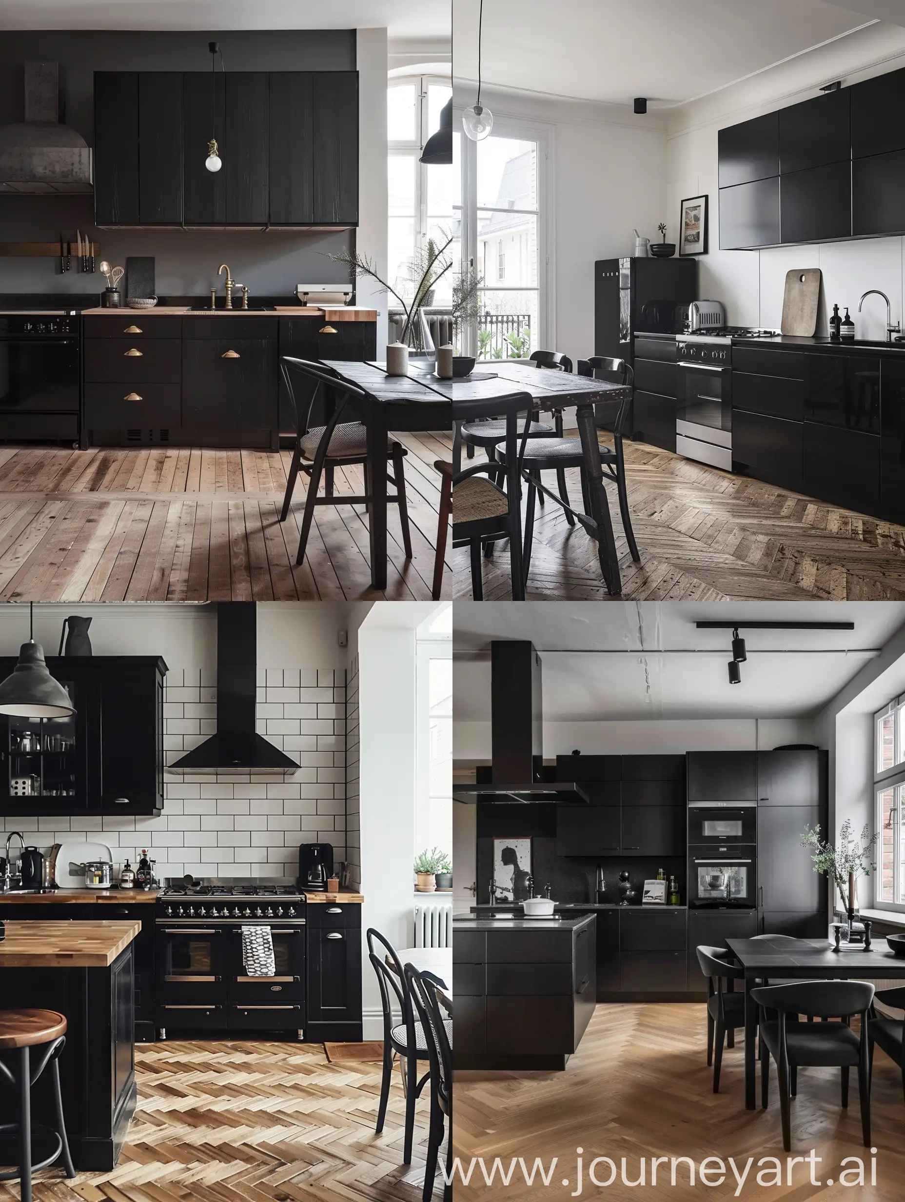 Modern-Kitchen-with-Black-Furniture-on-Parquet-Floor