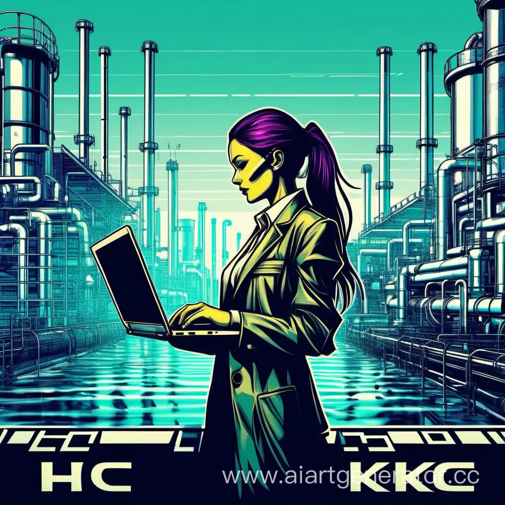 Cyberpunk-Businesswoman-Holding-Laptops-by-Water-Treatment-Plant