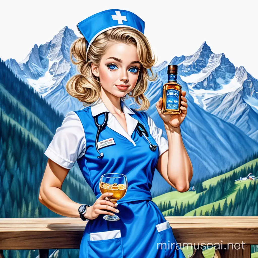 Cute Nurse in Blue Dress with Northern Alps Background