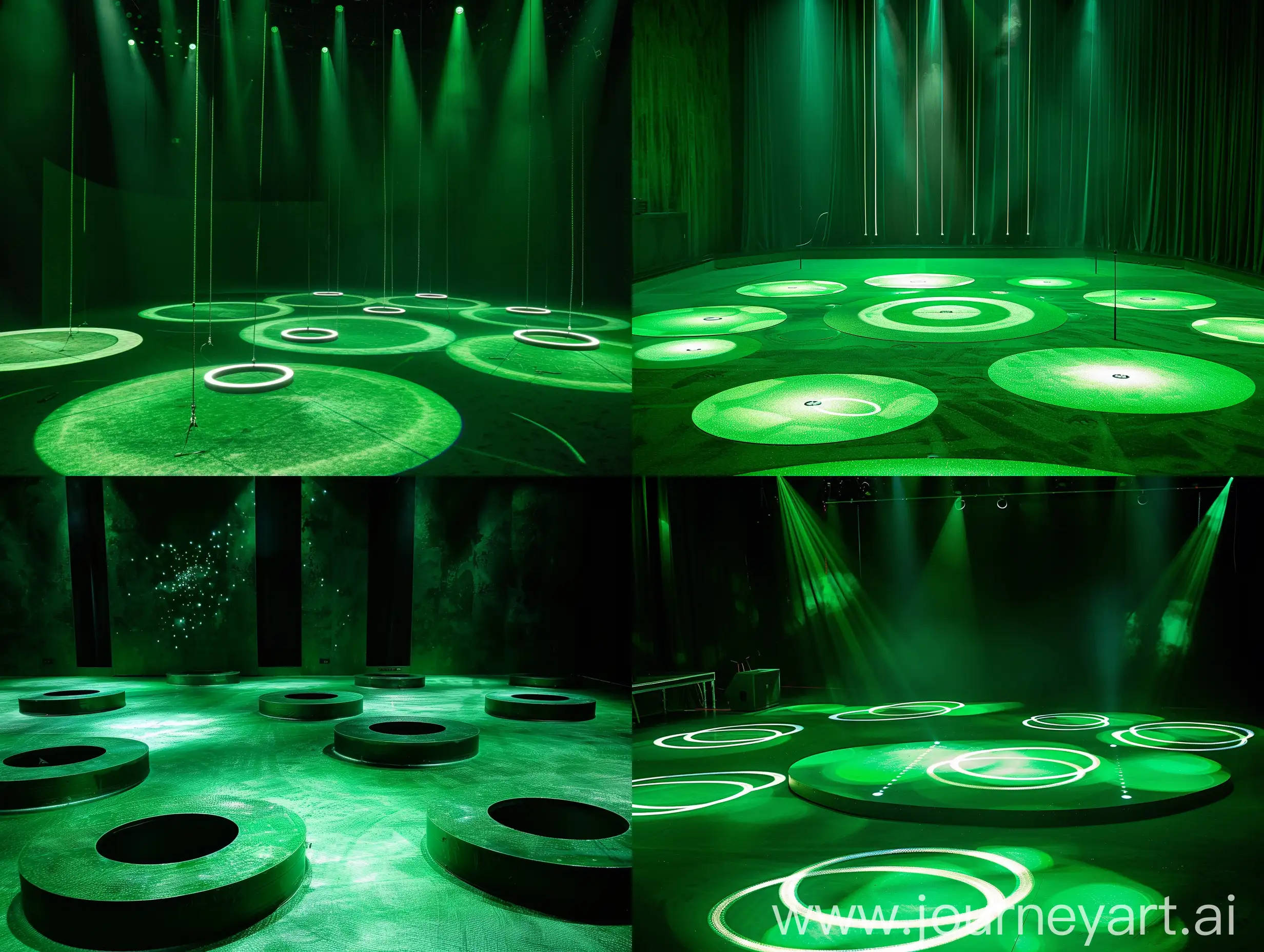 a green stage with circles and light music in the circles