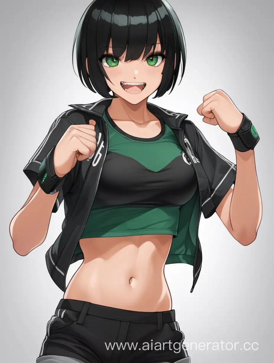 girl, black bobcut hair, dark green eyes, aggressive smile, black shorts, pretending to fight, medium breast