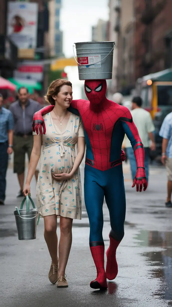 Spiderman carrying a bucket of water on his head. Spiderman's pregnant wife is walking beside him on the streets. Daytime 