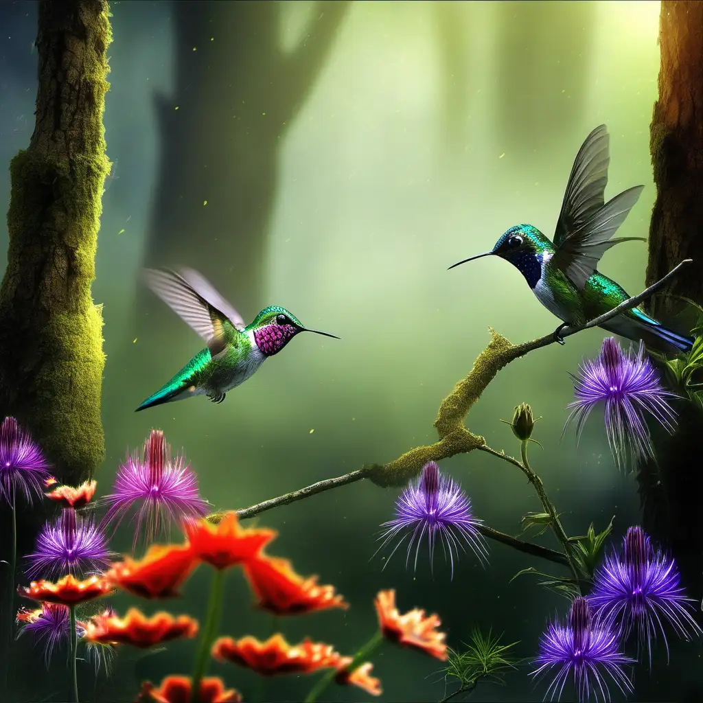 Enchanting Misty Forest Landscape with Hummingbirds and Flowers
