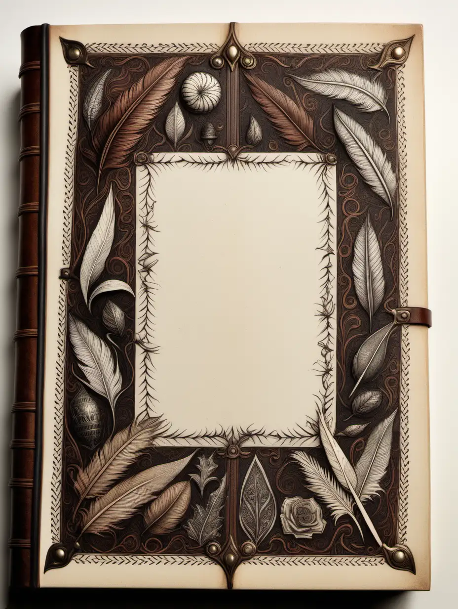 front aligned view of the narrow border of small designs on a blank book covered in leather in the theme "quill and ink"