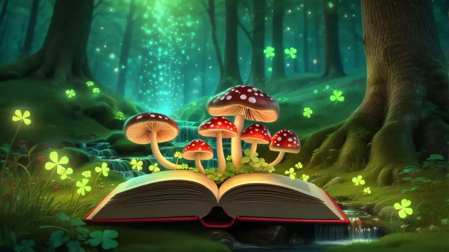magical book-glowing with red-glowing-mushrooms-green-shamrocks growing out of it, fairytale-magical shamrock trees and a magical stream