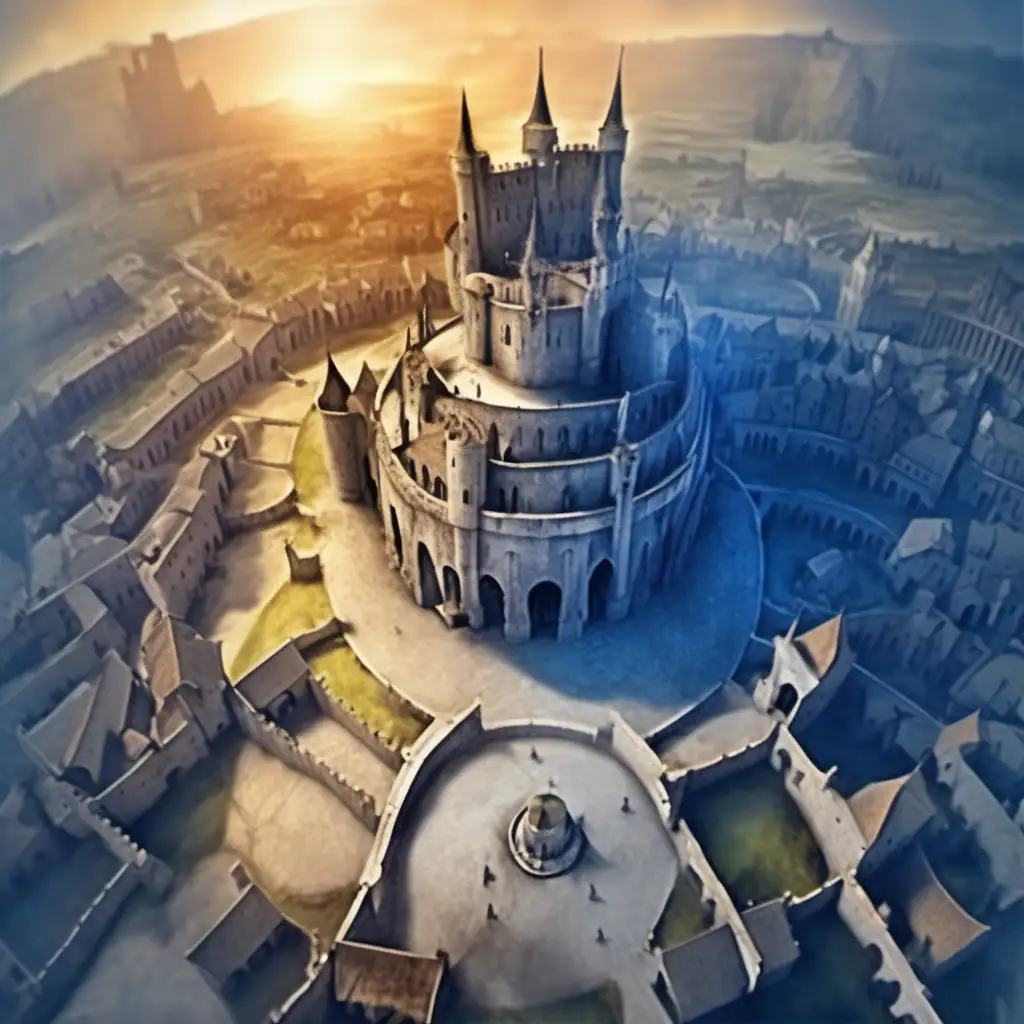 genera una imagen estilo Luis Royo de una ciudad medieval como la foto. Una ciudad medieval de fantasía con forma circular, amurallada y con un castillo en el centro.