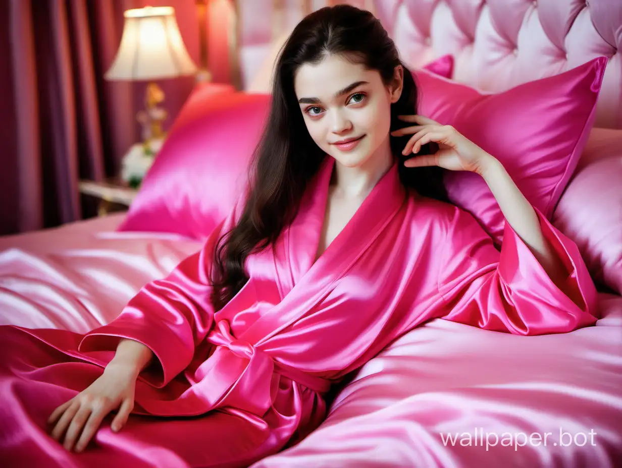 Нежная, сладкая милашка Евгения Медведева в нежном, роскошном, ярко-розовом шелковом халате с длинными, прямыми шелковистыми волосами лежит на нежной, роскошной ярко-розовой шелковой кровати и красиво улыбается
