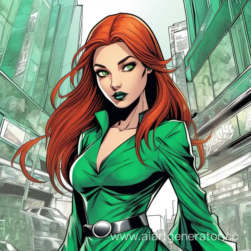 Striking-RedHaired-Girl-in-Emerald-Dress-Comic-Book-Style-Art
