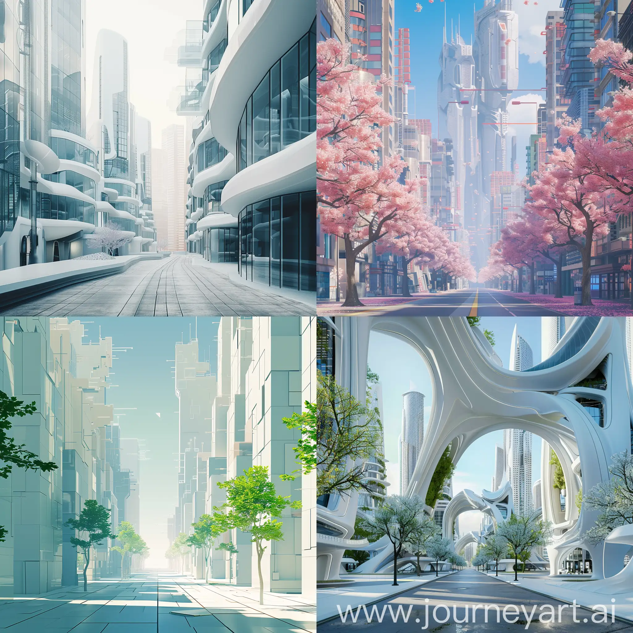 endless futuristic cityscape, beautiful surreal minimalist architecture, street level, spring