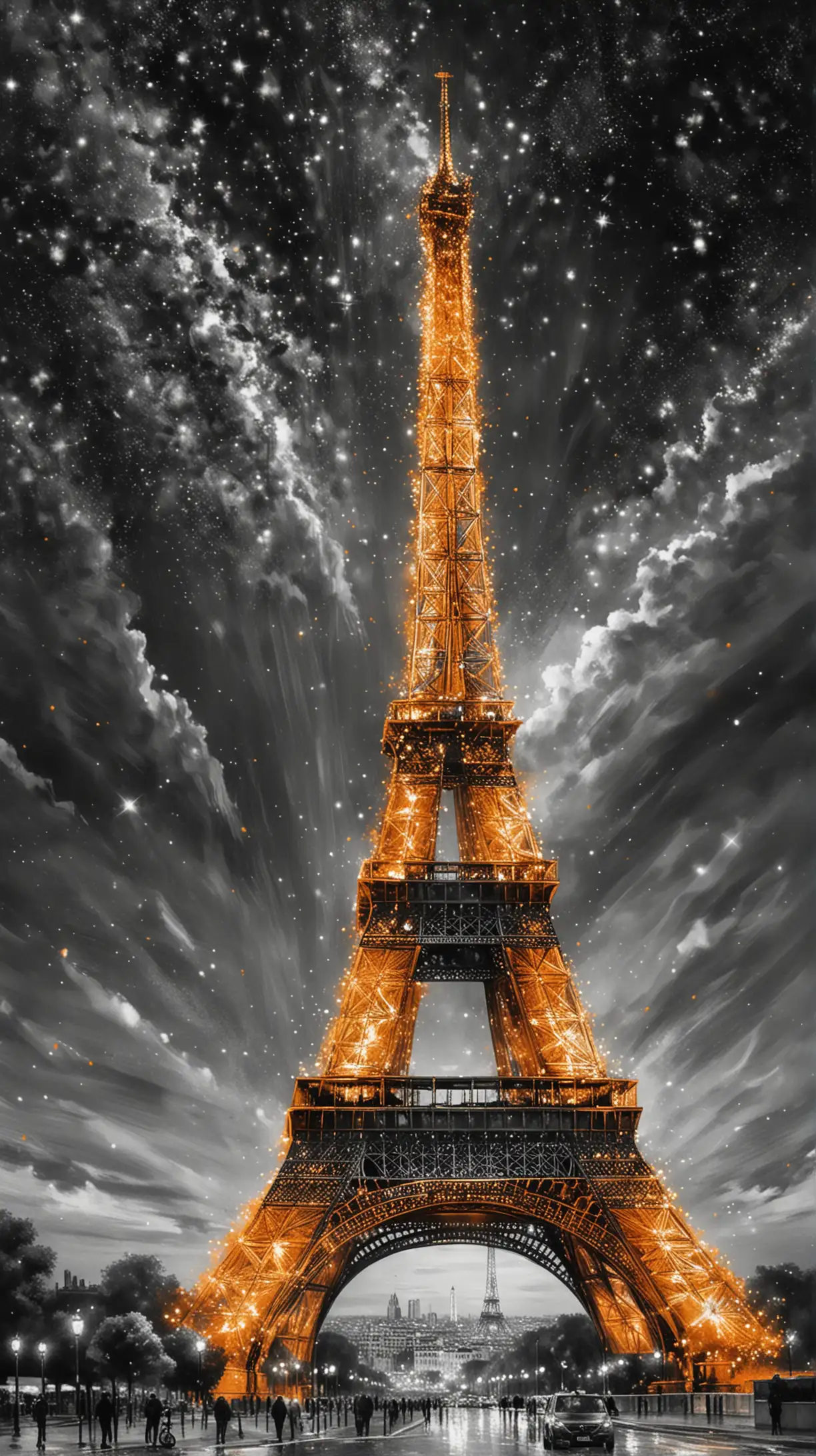 Make black and white oil painting picture of Paris, Make Eiffel tower in orange colour with loads of sparkles and lights, and very radiant, 4k picture, make it as much real as possible, make sky with full of bright stars 