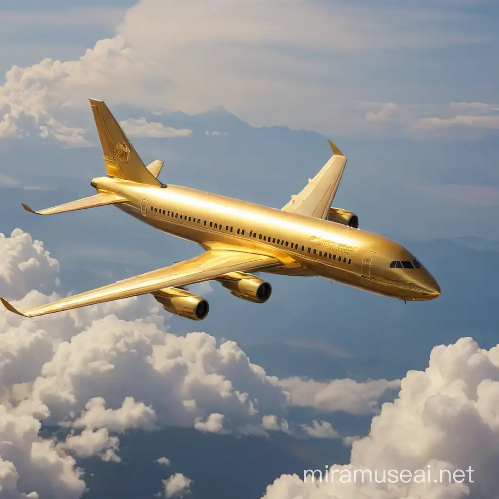 Sunset Skies A Golden Airplane Soaring Above Clouds